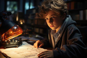 Poster - a portrait of a young scientist with a microscope, emphasizing the pursuit of knowledge. generative 