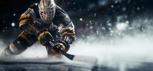 A Dynamic Portrait Of A Hockey Player In A Colorful Background Riding Through Sheets Of Ice In A Dark Scenery