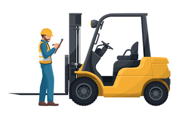 Wall Mural - Industrial inspector inspecting a lift truck. Preventive maintenance of an industrial forklift. Industrial storage and distribution of products. Industrial Safety