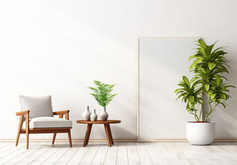 Poster - Modern minimalist white living room with armchair and vase with plants. Lifestyle concept. AI generated