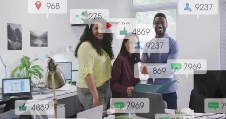 Poster - Animation of multiple notification bars over diverse coworkers smiling while looking at camera