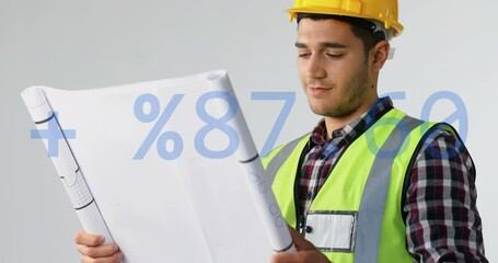 Poster - Animation of plus, minus, percentile symbols, caucasian engineer wearing helmet looking at blueprint