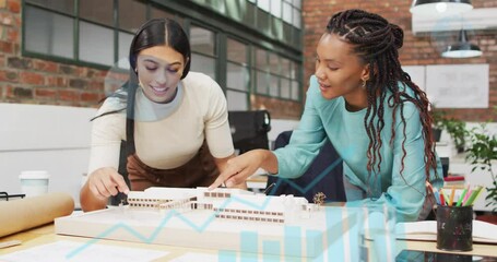 Poster - Animation of multiple graphs over diverse female architects discussing 3d model of buildings