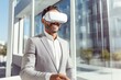 Real estate agent giving virtual tours of properties using advanced VR glasses.