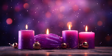 Advent Candles In Church Symbolic Four Candles With Purple Representing, Purple Candles In A Church In A Blurry Background