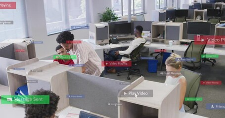 Wall Mural - Animation of multiple notification bars over diverse coworkers discussing on desk in office