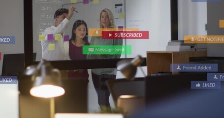 Poster - Animation of notification bars over diverse coworkers discussing strategy on sticky notes