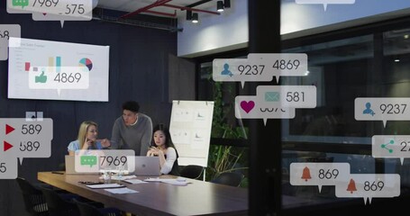 Poster - Animation of notification bars over diverse coworkers discussing and analyzing reports on laptop