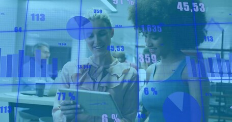 Poster - Animation of changing numbers, graphs, diverse female coworkers discussing reports on digital tablet