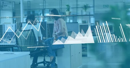Poster - Animation of graphs, loading bars and map over diverse coworkers discussing on desk
