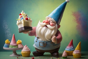 Wall Mural - Bright garden gnome smiling and cooking a cake, concept of Culinary Creativity