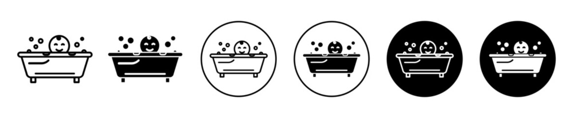 Poster - baby bath on bathtub Icon. Toddler baby bathtub for shower symbol set. Infant child wash bath tub vector sign. 