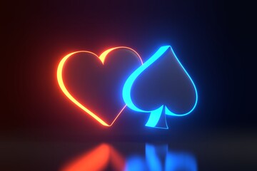 Wall Mural - Aces cards symbols with futuristic neon blue and red lights on a black background. Heart and spade icon. 3D render illustration