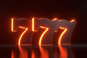 Wall Mural - Three lucky sevens with neon orange lights on black background. Casino symbol. 3D render illustration