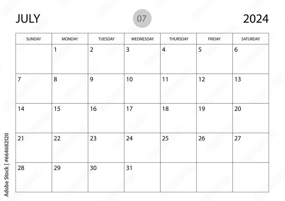 Vector de Stock July 2024 year planner template, calendar 2024 template ...
