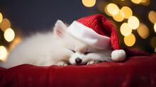 Cute White Pomeranian Spitz In A New Year's Cap Sleeps On A Red Blanket