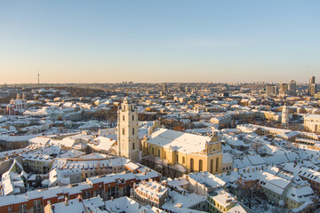 Wall Mural - Aerial night view of church of the Ascension of the Lord in Vilnius, Lithuania. Beautiful sunny Vilnius city scene in winter.