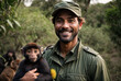 © anandart - Man Guarding In Wildlife Reserves with monkeys in the jungle. man Ranger, Wildlife Conservation, Protection of Nature Reserves, Park Safety
