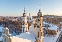 Aerial Night View Of Church Of The Ascension Of The Lord In Vilnius, Lithuania. Beautiful Sunny Vilnius City Scene In Winter.