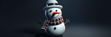 Banner With A Gentleman Snowman. Elegant Snow Man In A Bowler Hat And A Checkered Scarf. Winter Header For Website, Article, Store, Fair, Sign.