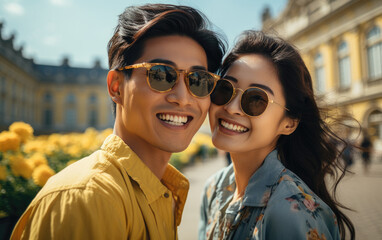 Wall Mural - A happy vogue fashion couple taking selfies with bright solid light color clothes in summer