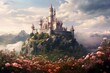 A hilltop castle surrounded by flowers and a foggy sky with some clouds. Generative AI