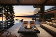 Luxurious Lakefront Home Terrace at Sunset: Modern Design with Reflective Infinity Pool, Fire Pit, and Panoramic Lake View Amidst Tall Pines