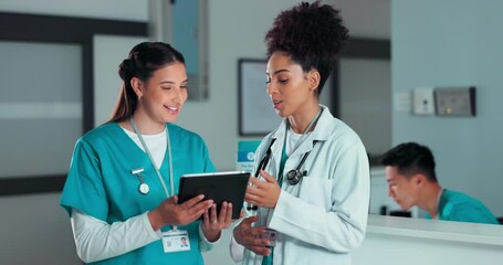 Poster - Teamwork, discussion and doctors on tablet in hospital for research, report advice and telehealth. Healthcare, clinic and women talking on digital tech for medical service, online results and meeting