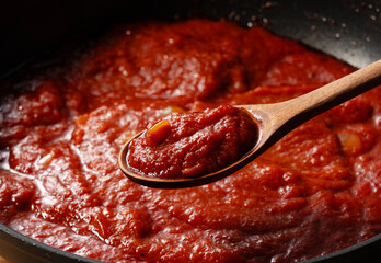 Scoop up the tomato sauce in the pan with a spoon.