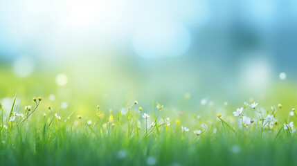 nature background with sunny spring meadow blur background blue sky to green grass