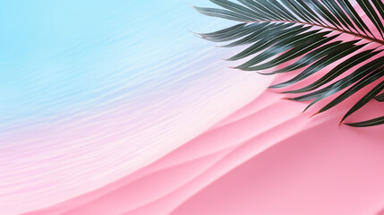 Wall Mural - simple design of tropical palm leaf and soft blue wave on pink background