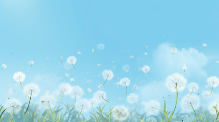 Sticker - spring background with white dandelions and clear blue sky