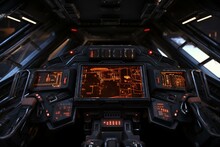Detailed View Of A Sci-fi Cabin With Control Sticks And Futuristic Display. Scratched Metal Control Panel In A Space Fighter Craft Cockpit. Generative AI