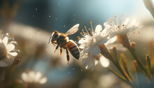 A Bee In Nature Pollinates A Flower, Working Outdoors Generated By AI