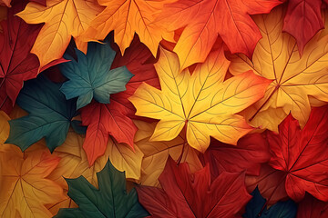 Wall Mural - Colorful Autumn Maple Leaves Background. Gradient from Green, Orange, Yellow, and Red. Autumn Colored Fall Leaf Texture Background