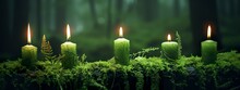 Burning Candles On Moss, Dark Green Blurred The Natural Background. Magic Candle.