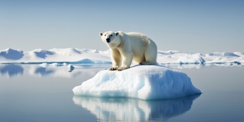 Polar bear on ice floe. Melting iceberg and global warming.