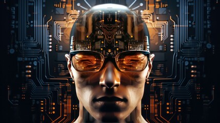 Human head wearing VR glasses with a cyborg robot style with a future technology theme