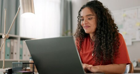 Poster - Laptop, smile and design with a woman in a small business office working on an artistic project. Creative, computer and research with a happy young designer in the workshop of a startup company