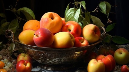 Wall Mural - Freshness of nature bounty  healthy eating, organic fruit bowl on wooden table generated by AI
