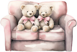 Watercolor art of a couple of teddy bears sitting on the sofa. Cute Valentine's Day painting.	