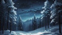 Snow Season  View In A Pine Forest At Night  When It Snows. AI Generated