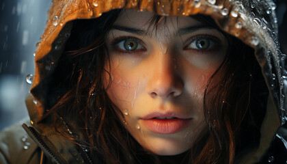 Canvas Print - Smiling woman with wet hair, looking at camera in rain generated by AI