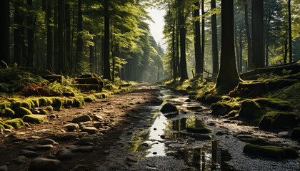 Sticker - Tranquil scene of a green forest with flowing water and sunlight generated by AI