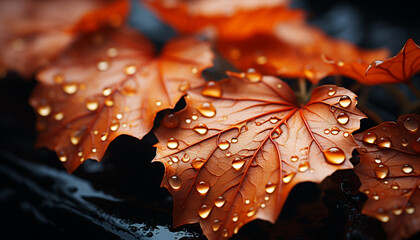 Poster - Vibrant autumn colors reflect in wet maple tree branches generated by AI