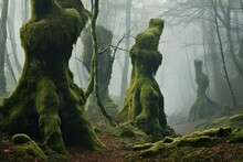 Tree Trunks Covered With Moss In Foggy Woods. Generative AI