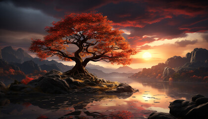 Wall Mural - Tranquil scene  sunset paints nature beauty on mountain silhouette generated by AI