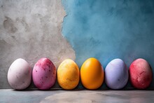 Colorful Eggs On Concrete Wall: Vibrant Texture With Solid Color Background, Generative AI