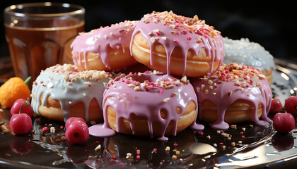 Sticker - Stack of homemade donuts with chocolate icing and strawberry decoration generated by AI