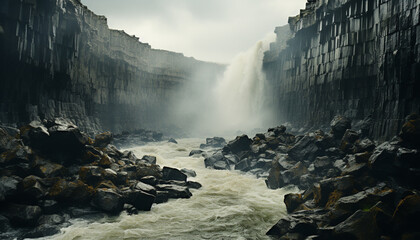 Sticker - Nature beauty in a dark landscape  flowing water, wet stone generated by AI